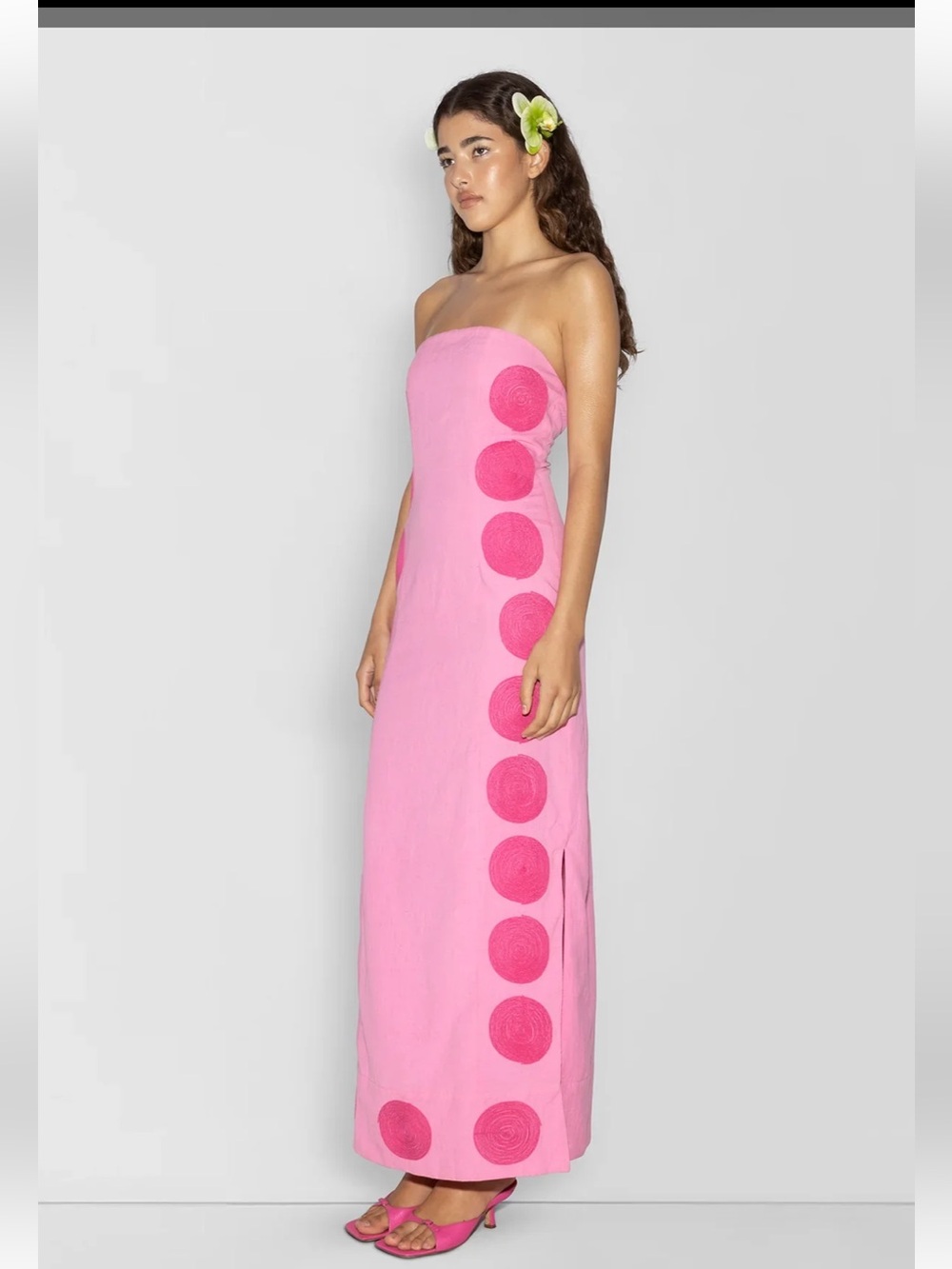 The Wolf Gang Strapless Pink Polka Dot Column Dress - Picture 3 of 7